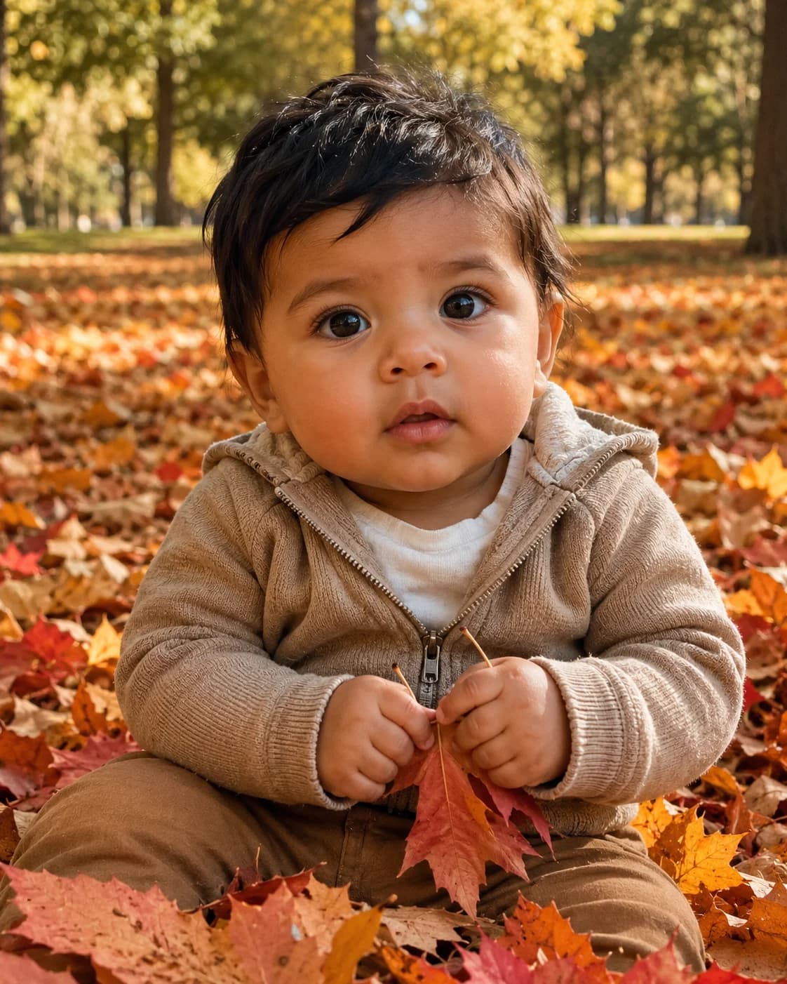 Bebé niño sentado entre hojas de otoño en tonos naranja, rojo y amarillo, con un suéter de punto acogedor